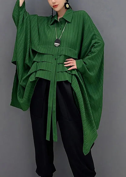 Green Peter Pan Collar Asymmetrical Low High Design Button Shirt Long Sleeve