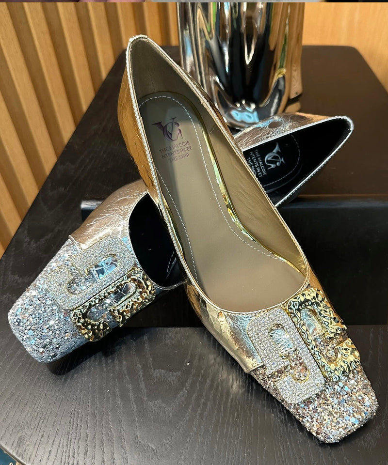 Gold Zircon Splicing Chunky High Heels Square Toe