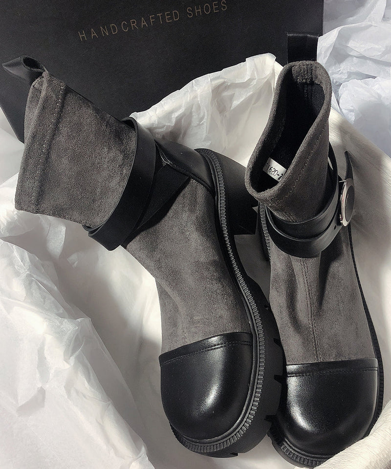 Grey Cowhide Leather Splicing Suede Boots