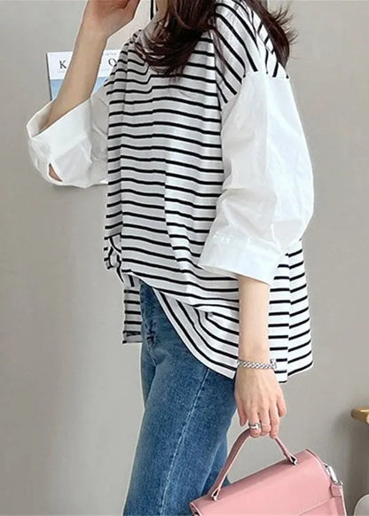 White Peter Pan Collar Patchwork Striped Cotton Shirt Tops Half Sleeve