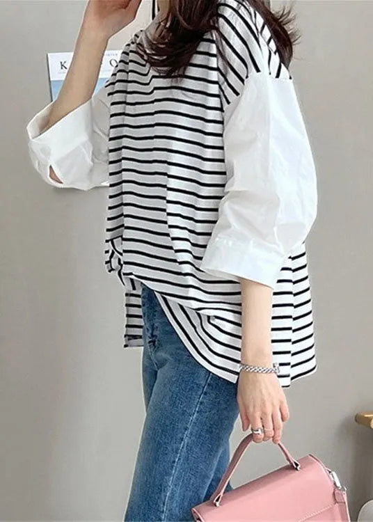 White Peter Pan Collar Patchwork Striped Cotton Shirt Tops Half Sleeve
