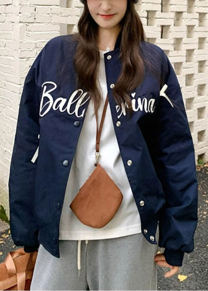 Navy Oversized Bow Letter Print Fine Cotton Filled Jackets Winter