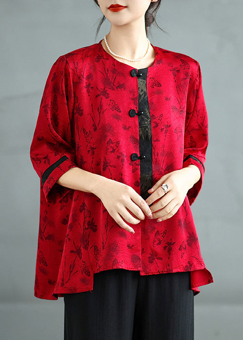 Red Oversized Print Silk Oriental Tops Summer