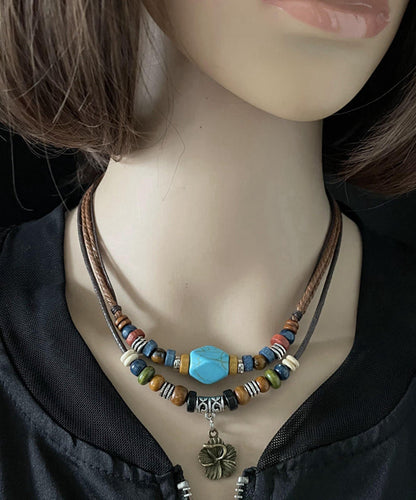 Faux Leather Alloy Turquoise Pendant Necklace