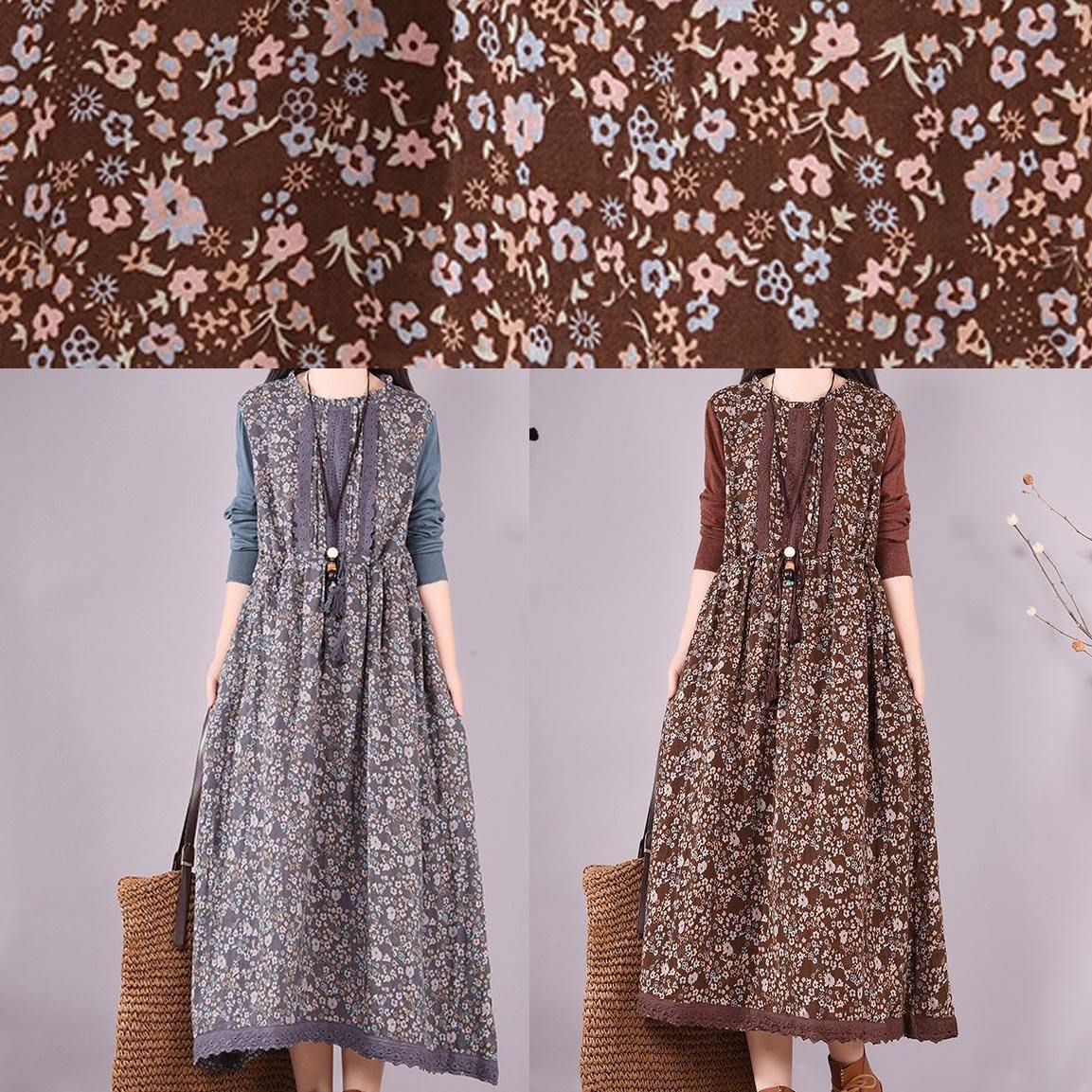 Natural O Neck Lace Spring Clothes Design Chocolate Print Maxi Dress
