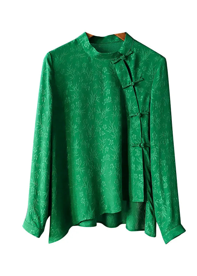 Retro Green Mandarin Collar Button Asymmetrical Design Jacquard Silk Shirts Spring