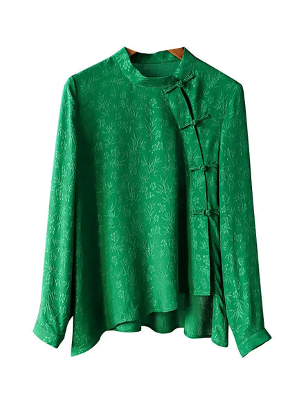 Retro Green Mandarin Collar Button Asymmetrical Design Jacquard Silk Shirts Spring