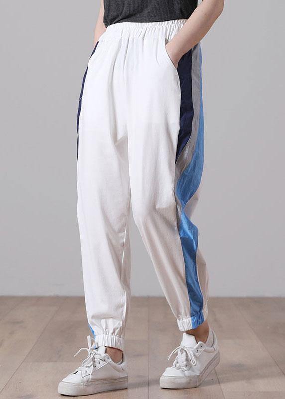 French White Patchwork Sports Pants Trousers Cotton