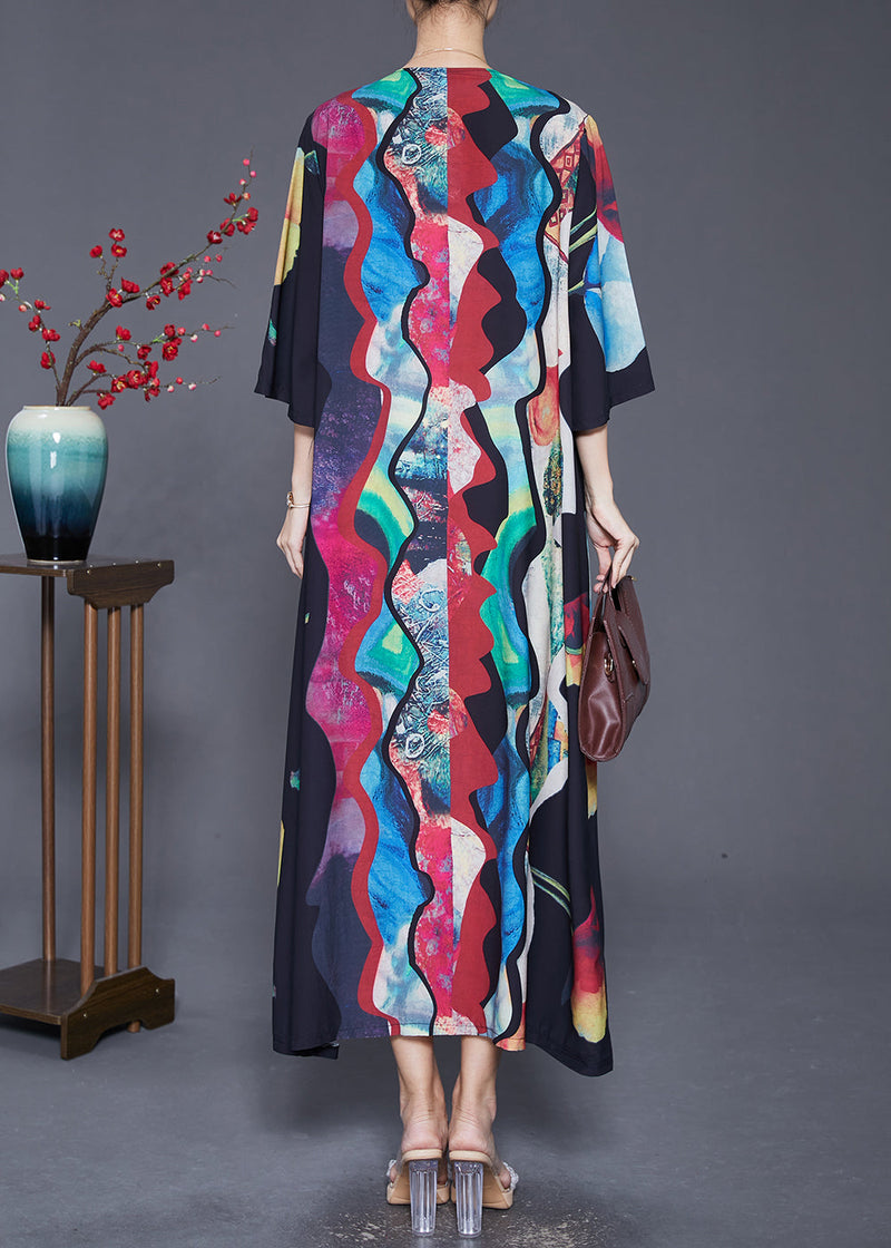Black Oversized Wrinkled Print Chiffon Long Dress Summer