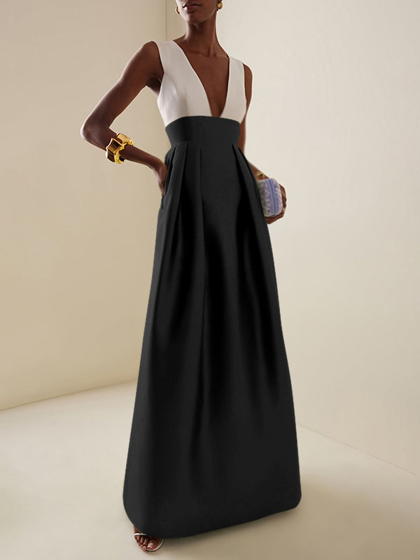 A-line High Waisted Contrast Color Pleated Zipper Deep V-neck Maxi Dresses
