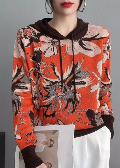 Orange Hooded Patchwork Cozy Knit Sweaters Long Sleeve