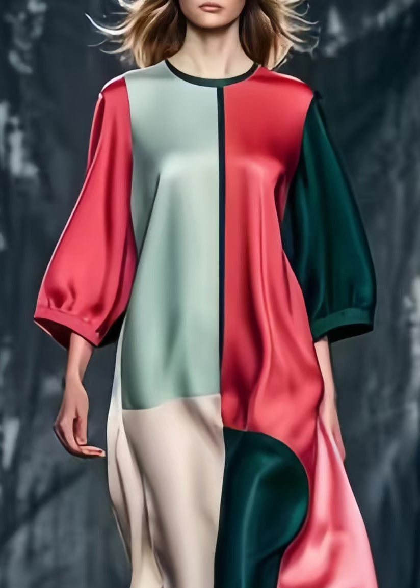 Mulberry Patchwork Silk Dresses Asymmetrical Bracelet Sleeve Spring