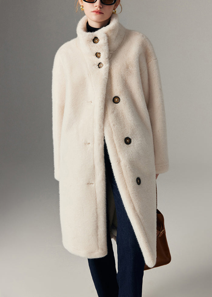 Beige Stand Collar Button Leather and Fur Coats Winter