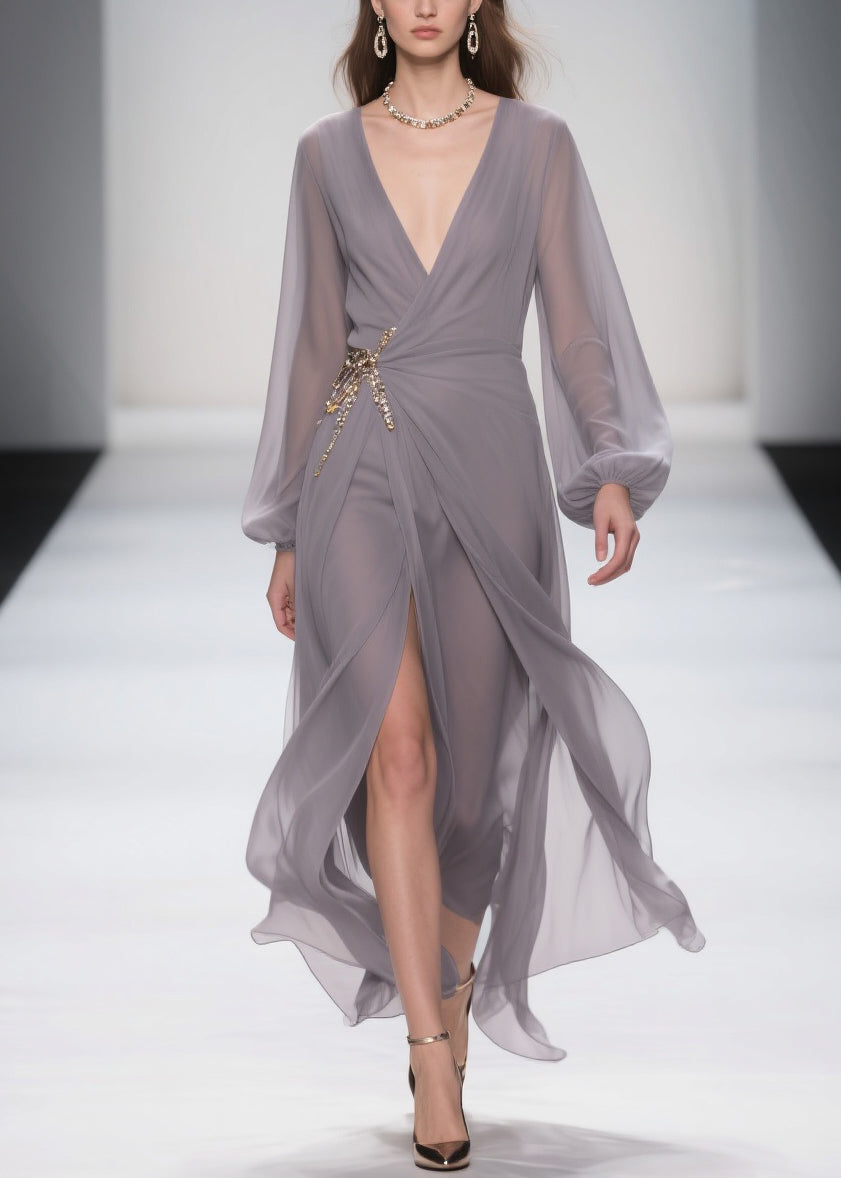 Grey Lace Up Front Open Chiffon Long Dress Spring