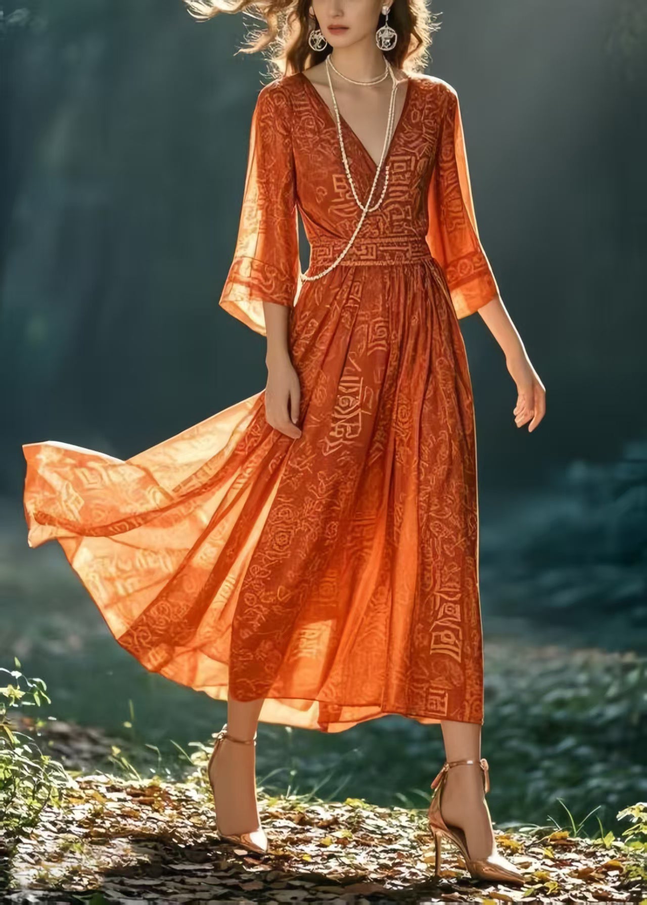 Italian Orange Print Chiffon Holiday Dresses Bracelet Sleeve Summer