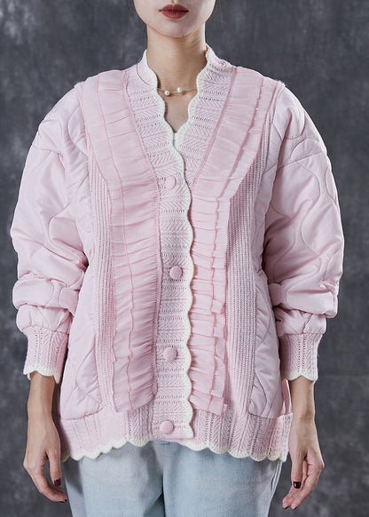 Pink Ruffled Patchwork Knit Fine Cotton Filled Coat Spring