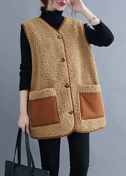 Style Khaki V Neck Button Teddy Faux Fur Waistcoat Fall
