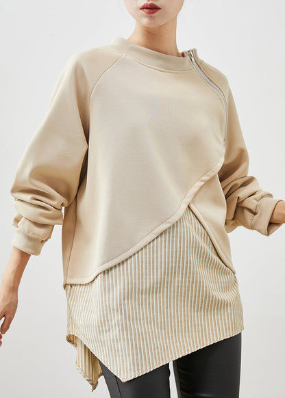 Khaki Asymmetrical Patchwork Cotton Sweatshirts Top Spring