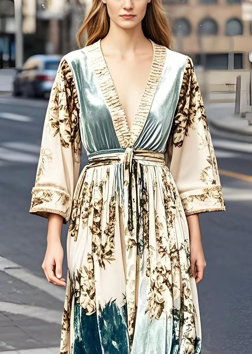Apricot Print Exra Large Hem Silk Velour Vacation Dresses Spring
