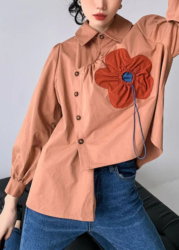 Handmade Red Brown Asymmetrical Patchwork Cotton Shirts Spring