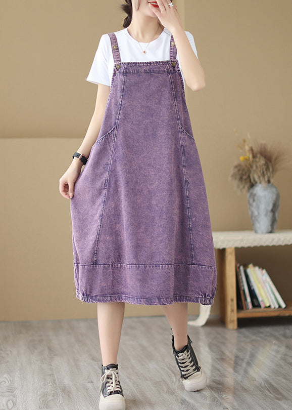 Purple Oversized Patchwork Denim Strap Dress Summer