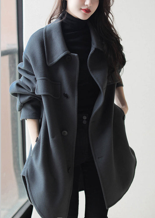Haze Blue Peter Pan Collar Button Pockets Patchwork Side Open Woolen Coats Long Sleeve