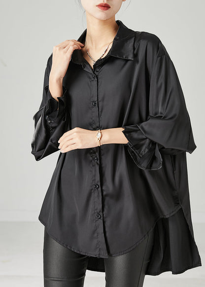 Black Oversized Draping Chiffon Blouses Spring