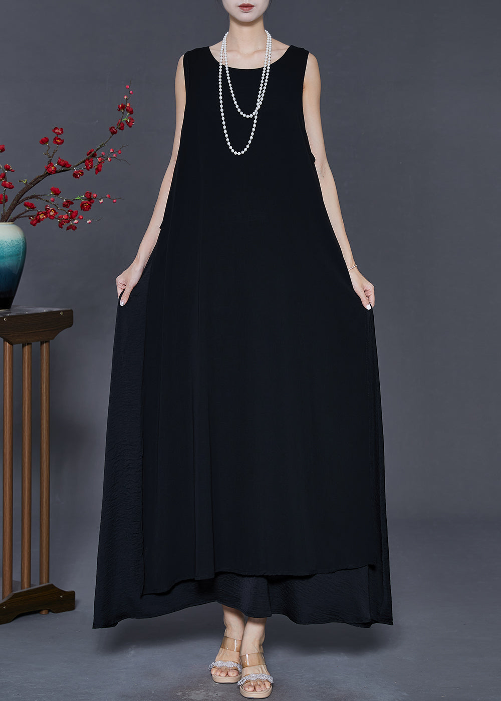 Black Oversized Chiffon a Line Dress Summer