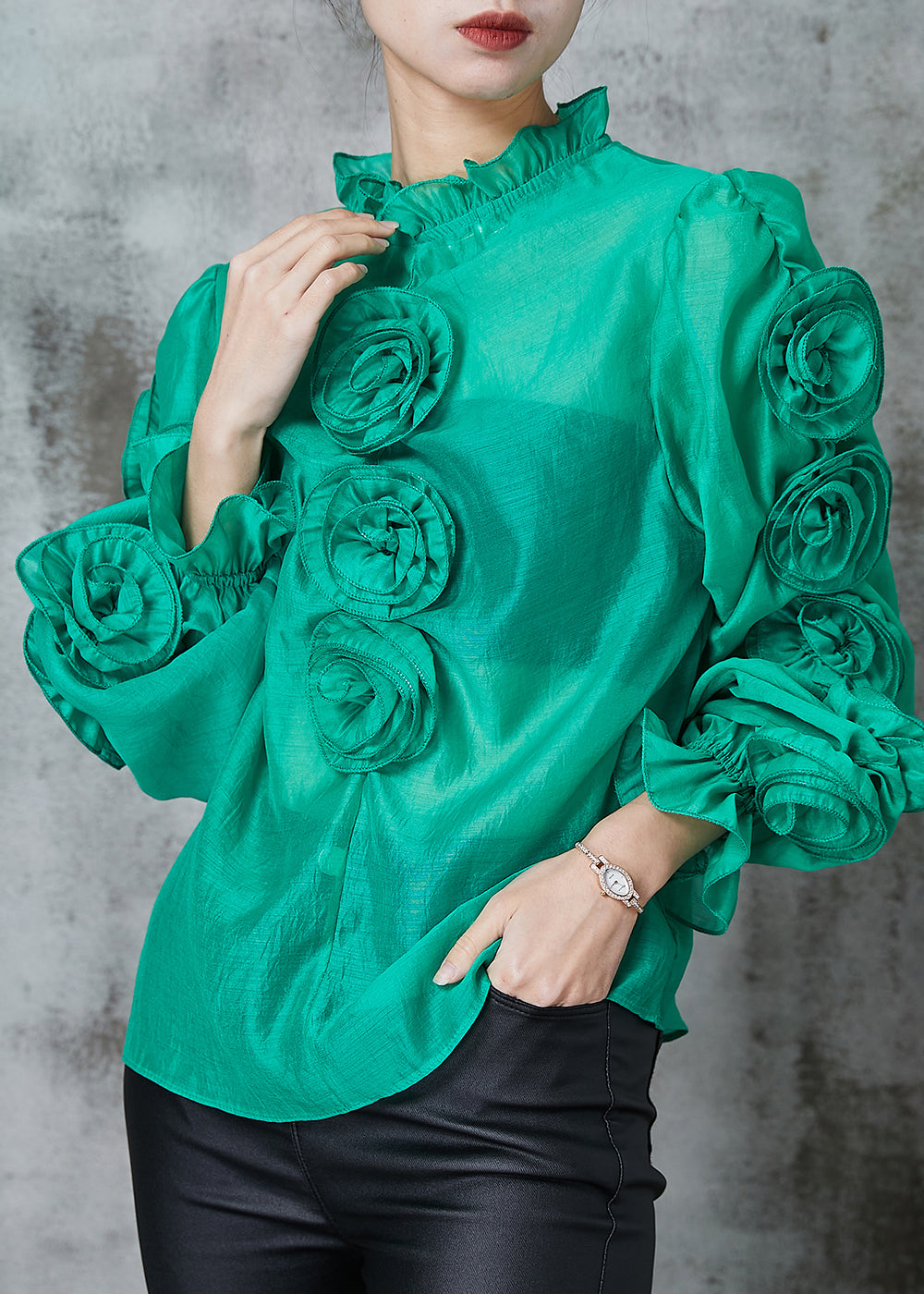 Green Stereoscopic Chiffon Shirt Top Ruffled Spring