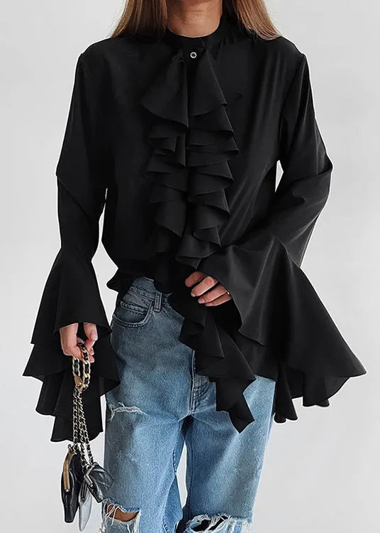 French White Ruffled Patchwork Chiffon Shirts Top Fall