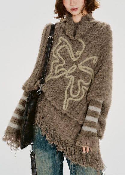 Unique Khaki Turtle Neck Tasseled Knitted Tops Batwing Sleeve Winter