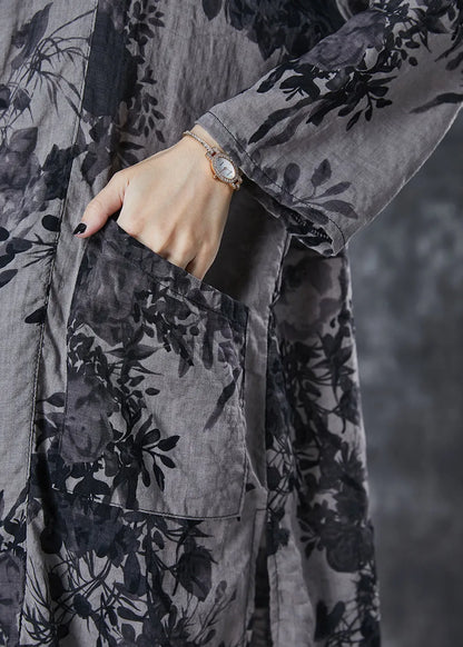 Diy Grey Oversized Print Cotton Long Shirt Summer
