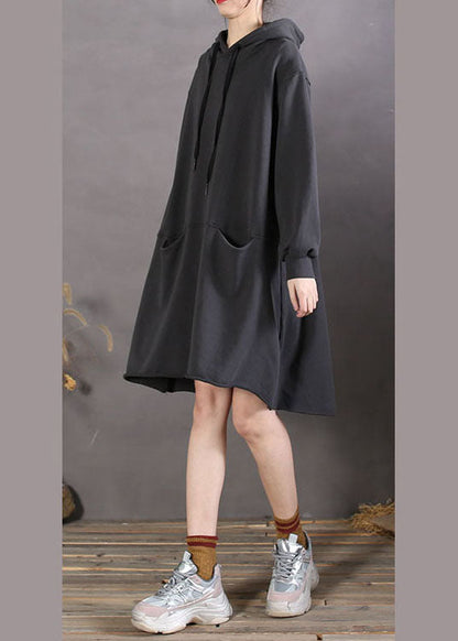 Black Hooded Patchwork Cotton Sweatshirts Spring Dress