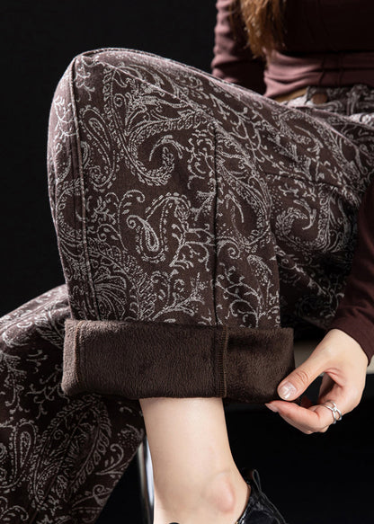 Brown Pockets Print Warm Fleece Denim Pants Spring