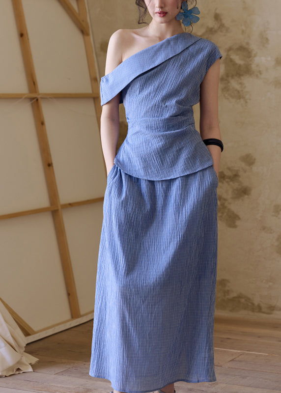 Blue Plaid Patchwork Top and a Line Skirts Two Pieces Set Short Sleev