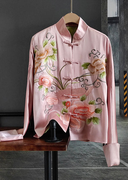 Pink Print Chinese Button Patchwork Silk Coat Spring