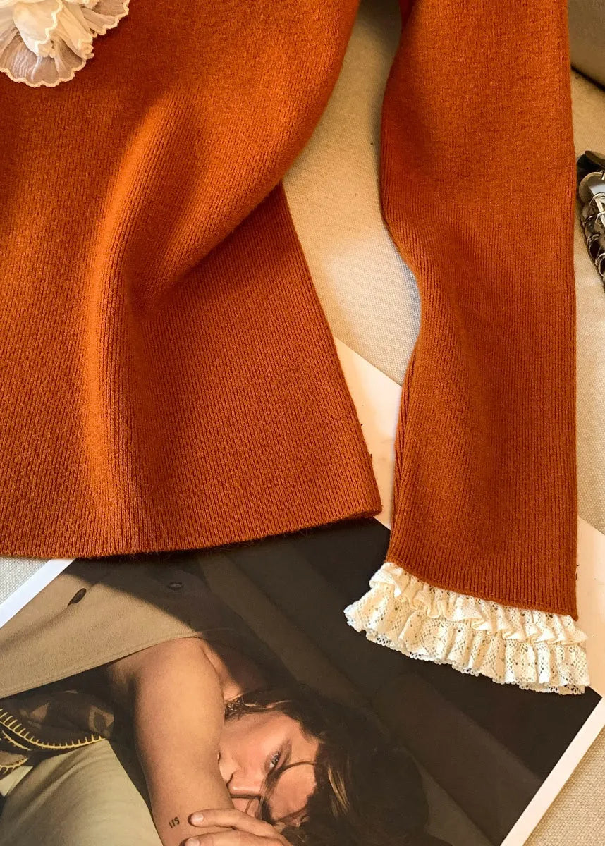 Pumpkin Color V Neck Ruffled Patchwork Knitting Cotton T Shirt Fall