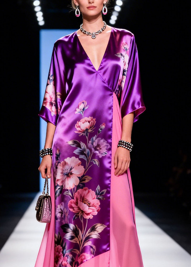V Neck Print Patchwork Silk Long Dress Summer