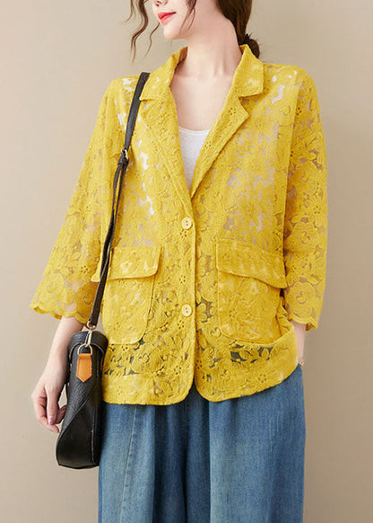 Yellow Button Peter Pan Collar Lace Coat Long Sleeve