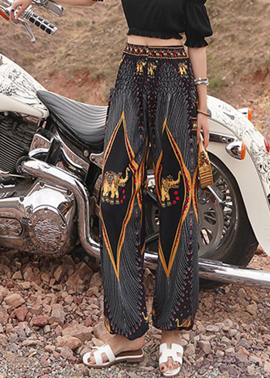 Black Elastic Waist Print Lantern Pants Summer