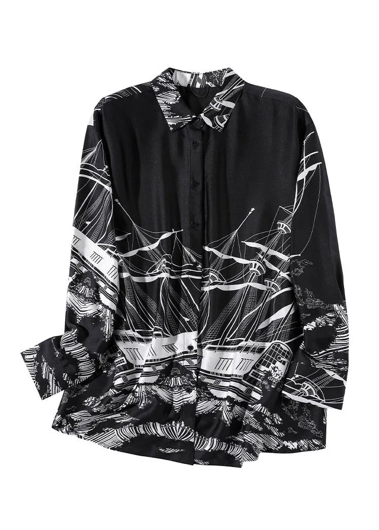 Black Peter Pan Collar Print Button Silk Shirt Long Sleeve