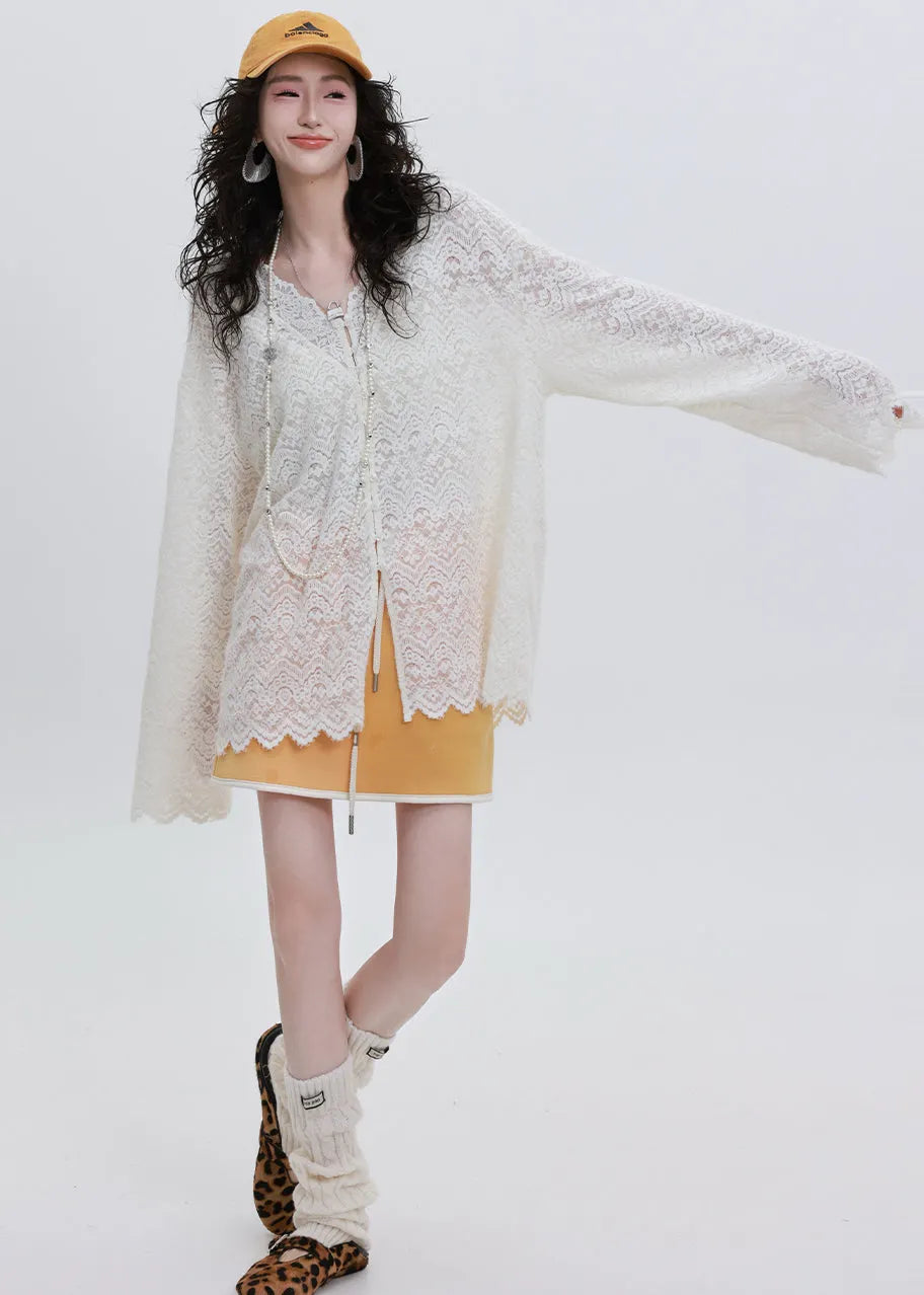 French White Oversized Lace Upf 50+ Shirt Top Spring