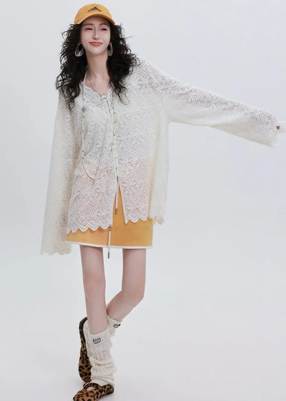 French White Oversized Lace Upf 50+ Shirt Top Spring