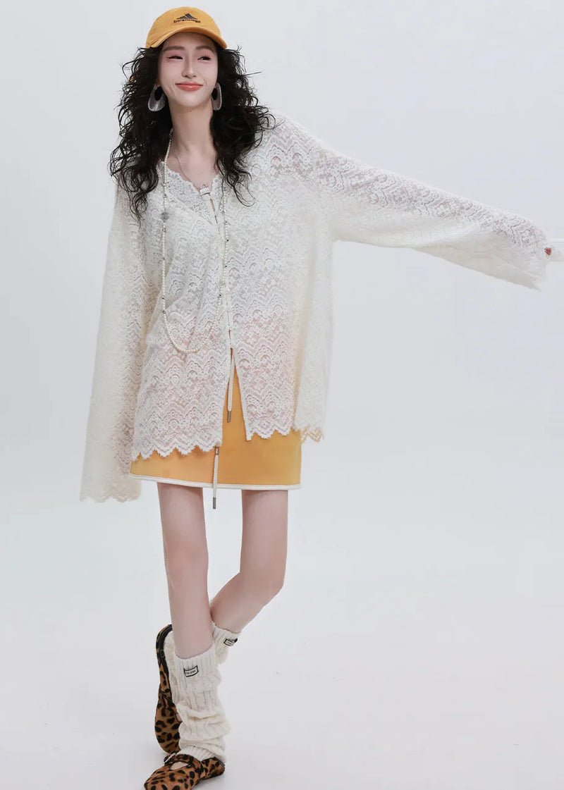 French White Oversized Lace Upf 50+ Shirt Top Spring