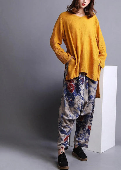 Yellow U Neck Low High Design Linen Spring Shirt