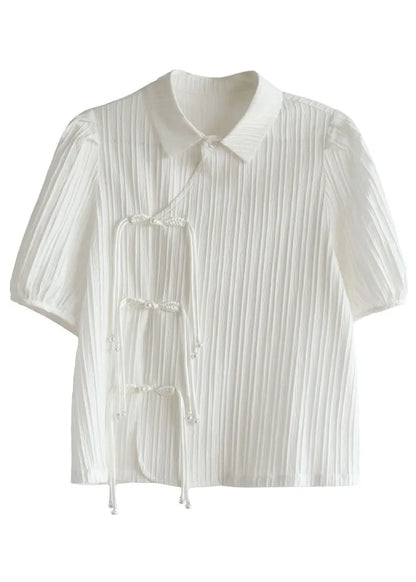 Original Design White Peter Pan Collar Wrinkled Oriental Button Chiffon Top Short Sleeve