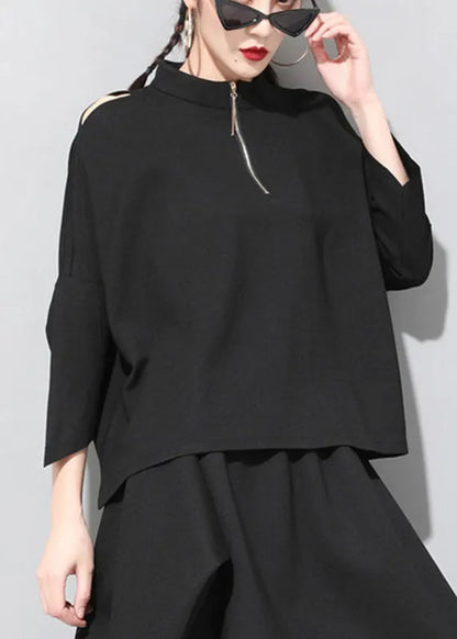 Loose Black Stand Collar Patchwork Zippered Fall Three Quarter Sleeve Top