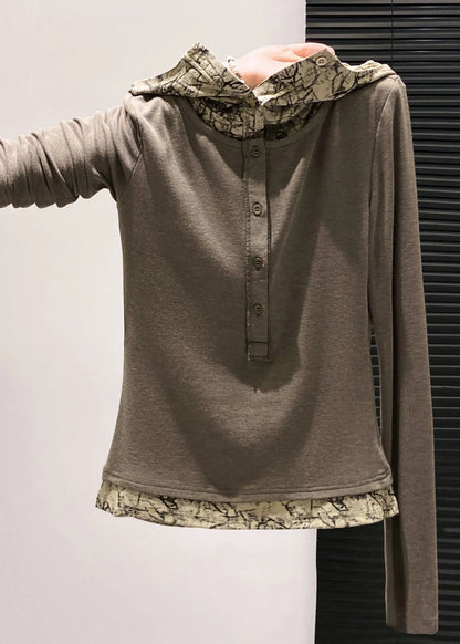 Brown Hooded Patchwork Cotton Fake Two Piece Tops Fall
