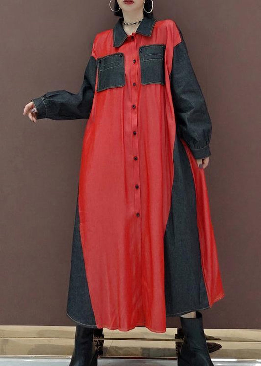 Handmade Lapel Patchwork Spring Long Dress Photography Red Kaftan Dress