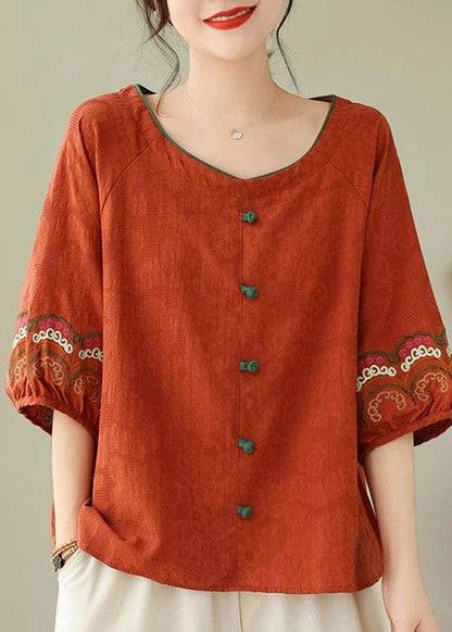 Orange O-neck Button Loose Top Summer